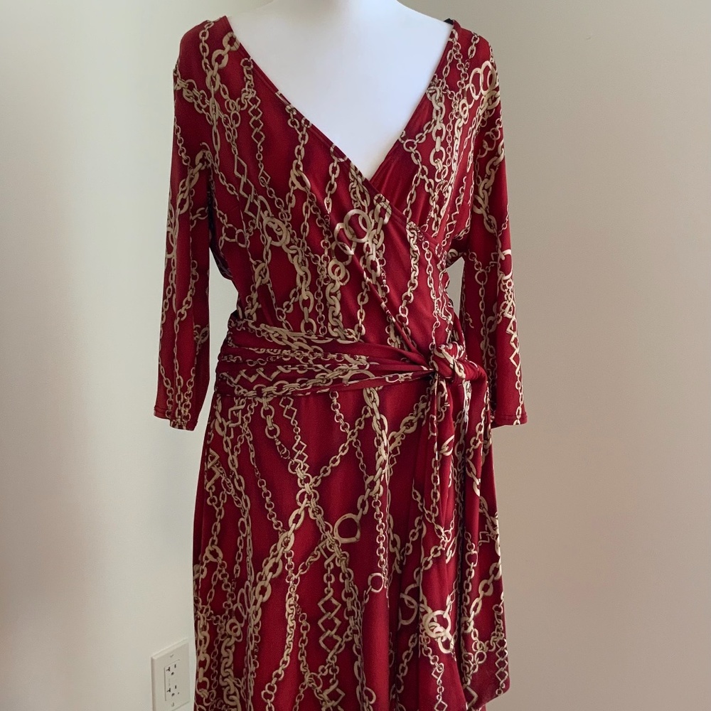 AB Studio red dress size L 3/4 sleeves v- neck
